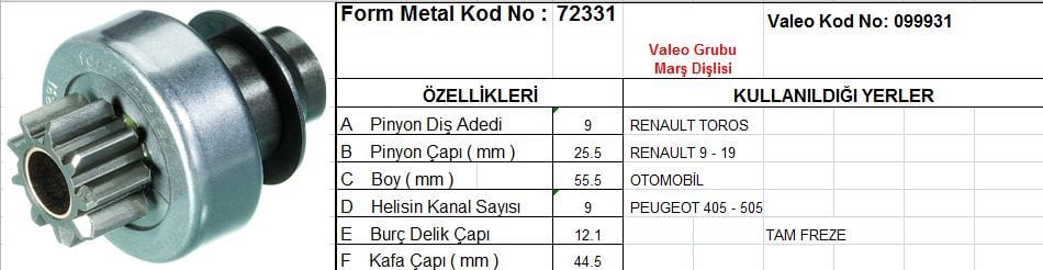 MARŞ DİŞLİSİ RENAULT 9 11 21 9 DİŞ VALEO TİP