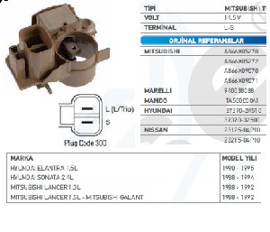 KONJEKTÖR MITSUBISHI TIP 14.6V  HYUNDAI ACCENT ELENTRA 1.5I(90-95)/SONATA 2.4(88>94)/MITSUBISHI LANCER 1.3/1.5 (88-92)