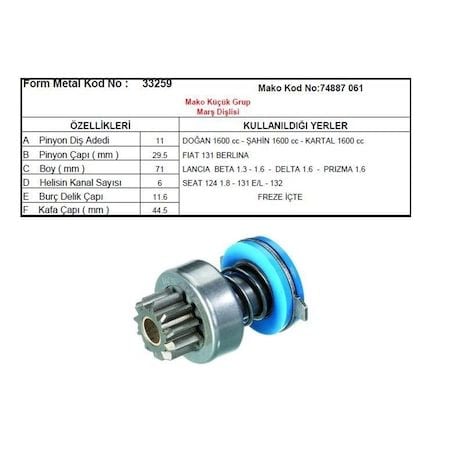 MARŞ DİŞLİ TOFAŞ DOĞAN-ŞAHİN-KARTAL 1.6 11 DİŞ FORMMETAL:33259