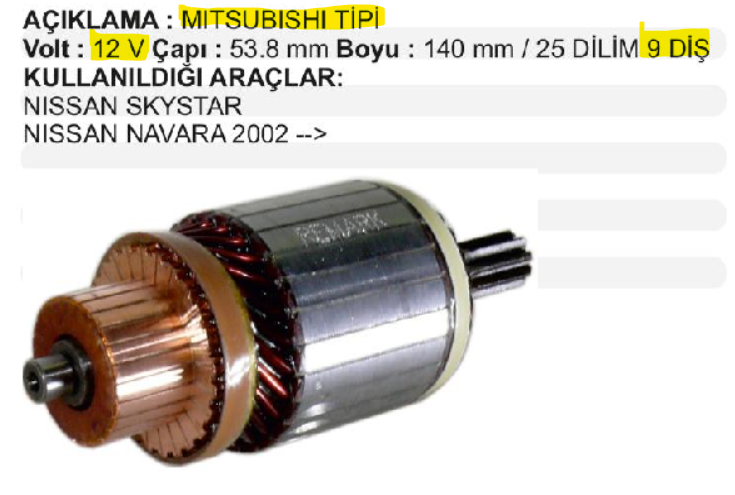 MARŞ KOLL. MITSUBISHI TIPI 12V  NISSAN SKY STAR-NAVARA PICK-UP BOY:139 CAP:53,8 DIS:9 DILIM 25