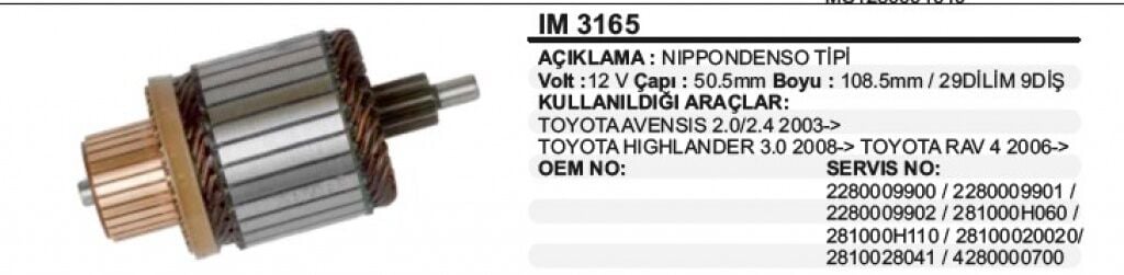 MARŞ KOLL. NIPPON DENSO TIPI  12V TOYOTA AVENSIS 2.0 / CAMRY BOY:108,7 ÇAP:50,5 DİLİM:29 DİŞ:9