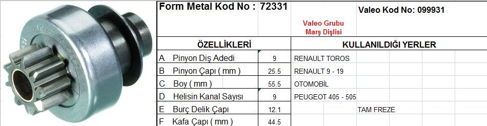 MARŞ DİŞLİSİ RENAULT 9 11 21 9DİŞ VALEO TİP